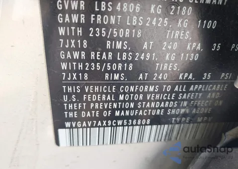 2012 Volkswagen Tiguan Se z USA, uszkodzony, nr VIN WVGAV7AX9CW536808